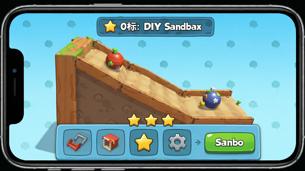 DIY Sandbox关卡模式界面展示,画面为手机屏幕内一个斜坡与小球组成的挑战场景,屏幕上方显示目标提示,下方为零件选择栏,风格为明快卡通插画,布局居中对称,细节包含进度星星与完成按钮,画质清晰干净,无多余元素