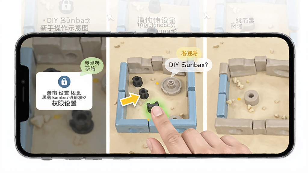 DIY Sandbox新手操作示意图,画面为手机屏幕内展示手指拖拽零件到搭建区的动作特写,旁边有权限设置弹窗图标,布局为左中右三栏说明式构图,风格为简洁教程插画,细节包含高亮箭头与提示气泡,画质清晰干净,无多余元素
