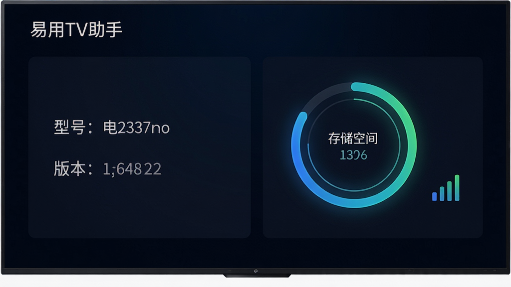 ������Ļ��չʾ������TV���֡����豸��Ϣҳ�棬ҳ�����Ϊ�����ͺ���ϵͳ�汾������Ϣ���Ҳ�Ϊ�洢�ռ价�ν������������ź�ǿ��ͼ�꣬����Ϊ���ҷ����Ű棬���Ϊ��ɫ�Ƽ��н�����ƣ�ϸ���Ͻ������������̽�����䣬����Ϊ������ɫ�����������ɾ����޶���װ��