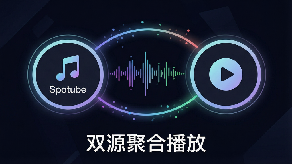 ��������Ϊ�����໥���ӵ�Բ�����ݽڵ㣬���ڵ��ڲ�������ͼ�겢��ע��Spotube�����Ҳ�ڵ��ڲ��ǲ��Ű�ťͼ�꣬�м��ɷ���Ļ������ӣ���������������Ƶ���Σ�����Ϊ���ҶԳ�ʽ��ͼ���ڵ���������ɫ����֮�ϣ��Ű��ϻ���ײ����з��ð�ɫ���֡�˫Դ�ۺϲ��š������Ϊ����Ƽ���ƽ�磬ϸ�ڰ����ڵ��Ե��΢�⡢�������ӵĽ���ɫ�ʣ����ʸɾ��������޶���Ԫ��