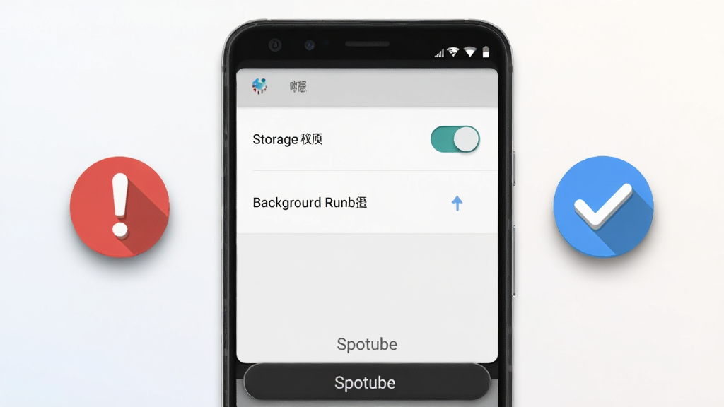 ��������Ϊһ����׿�ֻ���Ļ��д����Ļ��ʾSpotubeӦ�õ�Ȩ������ҳ�棬�д洢Ȩ�޿������̨����ѡ��Ա�����һ����ɫ��̾��ͼ����һ����ɫ�Թ�ͼ�ꣻ����Ϊ�ֻ����У�ͼ��������ң��Ű��ϻ���ײ�����д�С�Spotube��С�֣����Ϊ��ƽUIʾ��磬ϸ�ڰ������ذ�ť���������ͼ����Ӱ����������������Ϊǳɫ���䣬�޶���Ԫ��