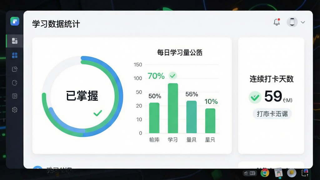 一张学习数据统计面板的界面示意图,画面中央是环形进度图和柱状图组合,环形图内显示