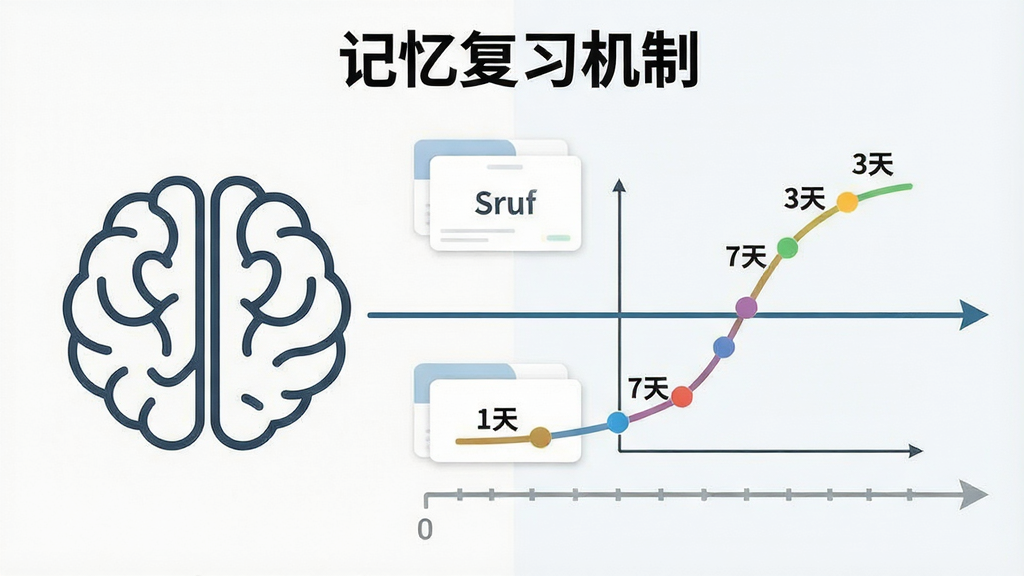 一幅表现单词记忆复习机制的示意图,画面左侧是一个大脑轮廓图标,右侧是时间轴与复习节点圆点连线,中间穿插单词卡片和记忆曲线折线图,整体布局为左右对比结构,风格信息图表化,细节包括曲线上的