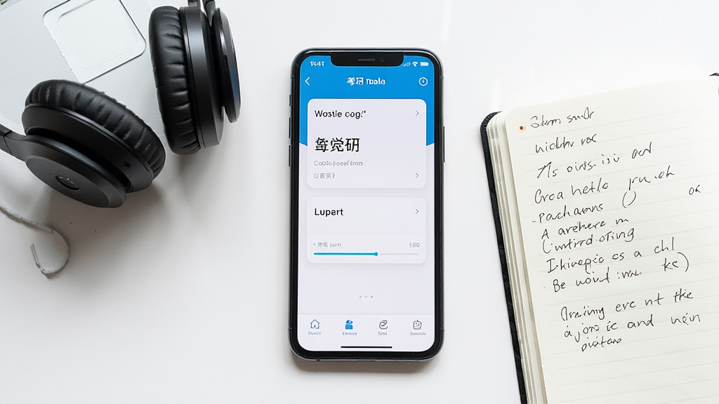 一部智能手机屏幕上显示考研单词应用的学习界面,旁边配有耳机和笔记本,画面布局为手机居中、配件环绕,风格生活化场景摄影感,细节包括手机屏幕上的单词卡片和进度条、笔记本上的手写笔记,画质清晰明亮,干净无多余元素