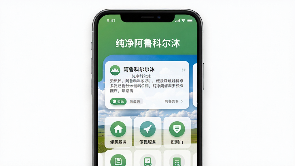 画面主体为一部竖屏智能手机,屏幕中显示纯净阿鲁科尔沁软件的主界面,界面以草原绿和天空蓝为主色调,上方有“纯净阿鲁科尔沁”字样,中部为资讯卡片和便民服务图标排列,背景为阿鲁科尔沁旗草原与蓝天白云的实景照片,布局为手机居中、四周留白干净,风格为清新写实UI展示风,细节包括图标圆角、卡片阴影和顶部状态栏,画质清晰干净无多余元素