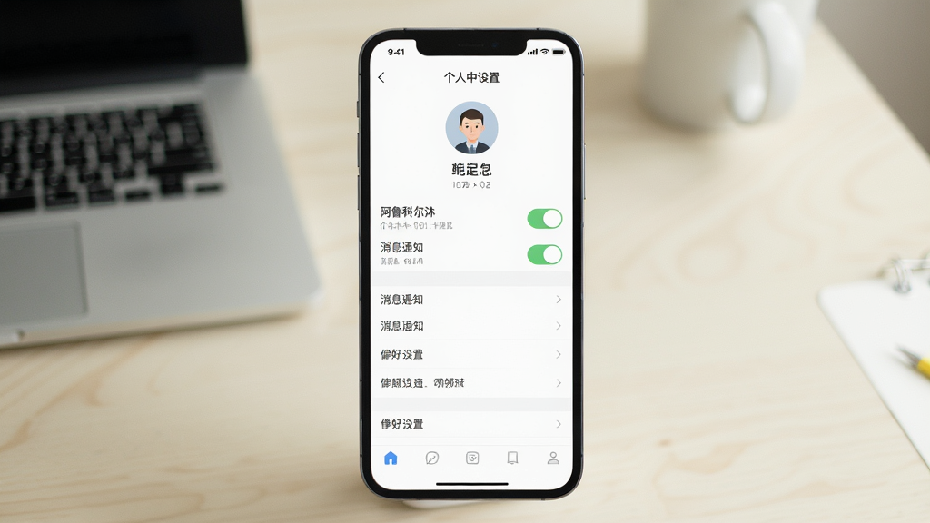 画面主体为一部手机展示纯净阿鲁科尔沁个人中心设置页面,页面包含头像、昵称、消息通知开关和偏好设置选项,布局为手机居中、背景为柔和浅色桌面,风格为简洁设置界面风,细节包括开关按钮、列表分割线和底部导航栏,画质清晰干净无多余装饰