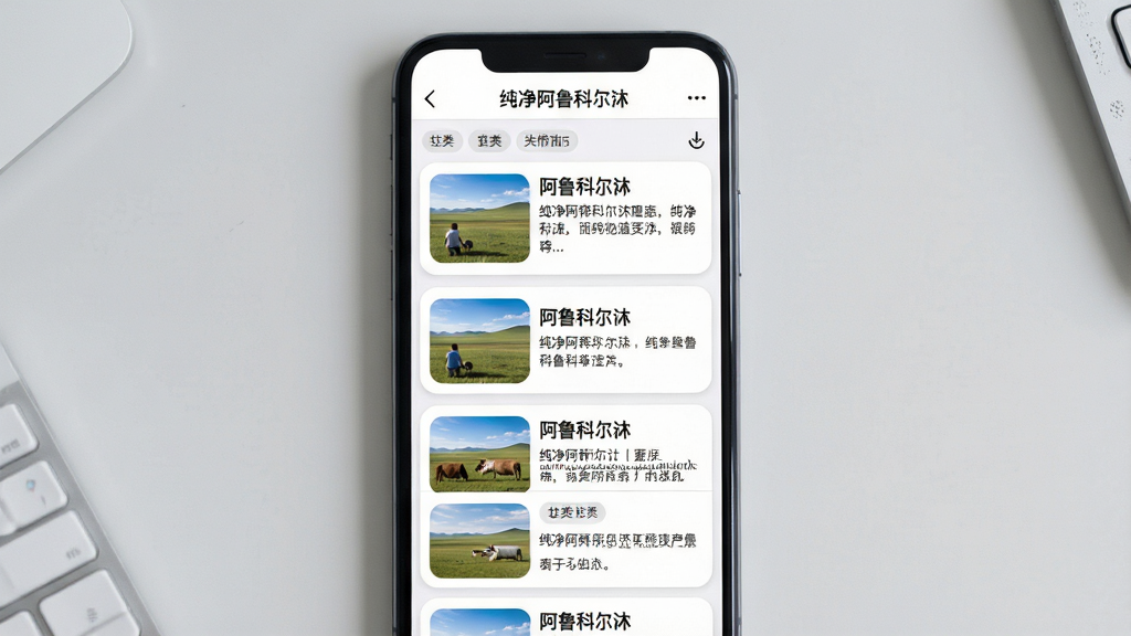 画面主体为手机屏幕中纯净阿鲁科尔沁的资讯列表页面,多条资讯卡片纵向排列,每条卡片左侧为缩略图、右侧为标题和摘要,顶部有“纯净阿鲁科尔沁”导航栏,布局为手机居中展示、背景为浅灰色桌面,风格为简洁资讯阅读界面风,细节包括卡片圆角、分类标签和下拉刷新图标,画质高清干净无杂乱元素