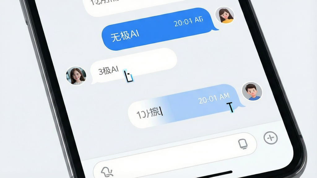 一张展示智能对话交互界面的示意图,主体为手机屏幕特写,屏幕内显示“无极AI”对话气泡,用户提问与系统回复交替排列;布局上对话流自上而下延伸,输入框固定在底部;风格为清爽浅色系,气泡采用圆角矩形,用户侧为蓝色、系统侧为白色;细节包括时间戳、头像图标、光标闪烁效果;画质清晰锐利,画面干净整洁,无多余装饰元素