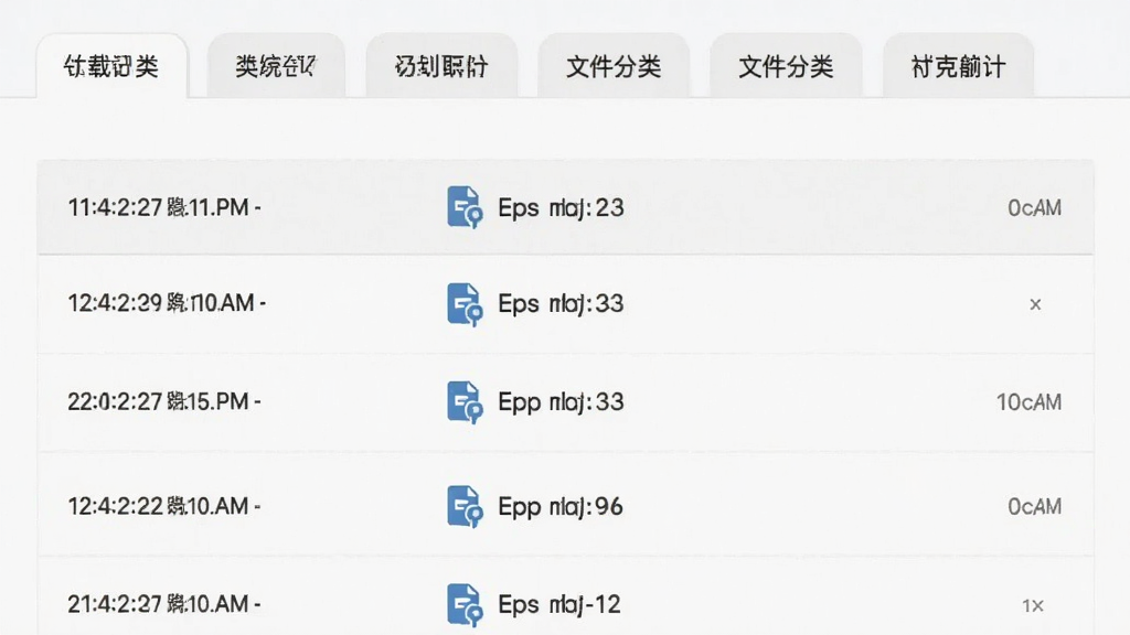 主体为软件下载记录页面与文件分类标签,布局为顶部标签栏加下方记录列表,排版为分类标签横向排列、记录纵向展示,风格为浅色系极简风格,细节为时间戳与文件类型图标清晰,画质清晰干净无多余元素
