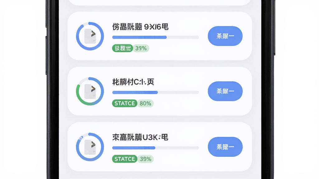 主体为手机屏幕展示下载队列列表,布局为纵向列表居中,排版为每个任务显示文件名、进度百分比与操作按钮,风格为柔和圆角卡片式设计,细节为进度环与状态标签清晰,画质高清干净无多余元素
