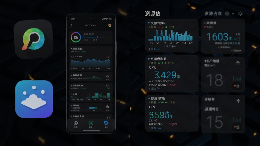 主体为手机性能监控界面与软件图标并列,布局为左右对比构图,排版为左侧软件图标、右侧资源占用数据,风格为科技感深色背景,细节为内存与CPU数值以图表呈现,画质高清干净无多余元素