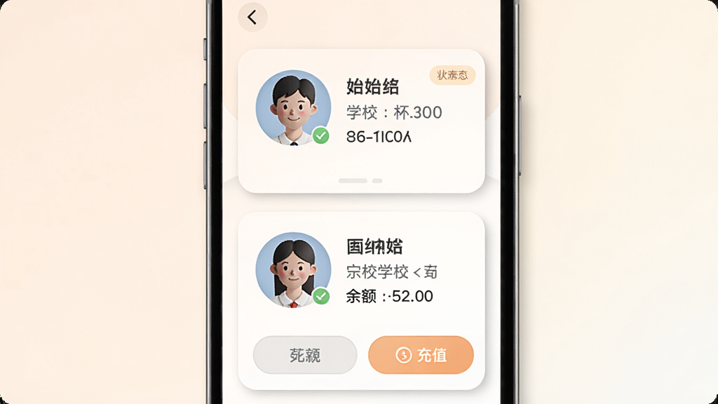 �ֻ�����չʾ��ѧ������ҳ�棬����Ϊ�ֻ���Ļ����Ļ��������ѧ��ͷ��Ƭ���Ż��������У�ÿ�ſ�Ƭ��ʾ������ѧУ�������Ϣ���·����л��ͳ�ֵ��ť������Ϊ���ǳɫ����������Գƣ�������Բ�ǣ�ϸ�ڰ���ͷ��Բ�β��С�״̬��ǩ����Ӱ��Σ����������ɾ����޶���Ԫ��
