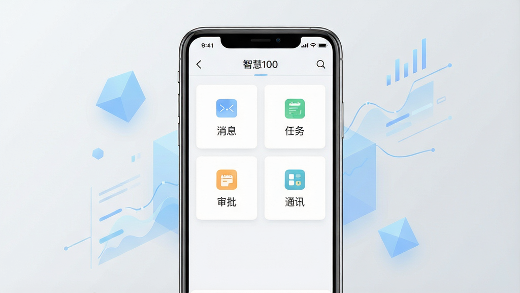 一张展示“智慧100”软件移动端主界面的产品全貌图,画面中央为一部竖屏智能手机,屏幕内呈现简洁的办公应用首页布局,包含消息、任务、审批、通讯录等模块图标,背景为浅灰色渐变,周围点缀淡蓝色几何图形与数据线条元素,整体风格清爽现代,细节清晰,画质干净,无多余装饰,适合下载站配图使用