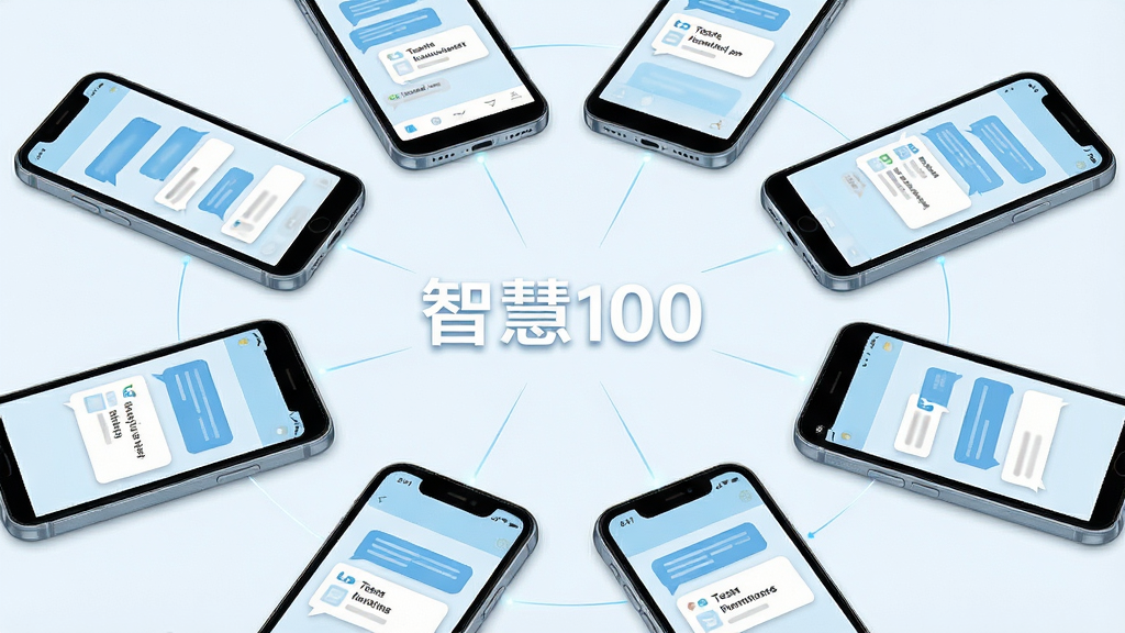一张表现“智慧100”团队协同沟通功能的生图,画面中展示多部手机设备以环形排列,屏幕之间以细线相连,每块屏幕上呈现对话气泡与任务卡片元素,整体采用浅蓝与白色为主的商务配色,排版整洁,风格现代简约,细节清晰,画质干净,无杂乱背景