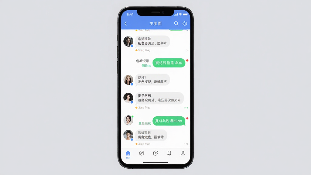 夜色夜聊软件主界面展示图,主体为一部竖屏手机,屏幕上显示聊天列表与底部导航栏,布局居中,排版简洁,风格清新现代,细节包含头像圆圈、消息气泡、在线状态小圆点,画质清晰,干净,无多余元素