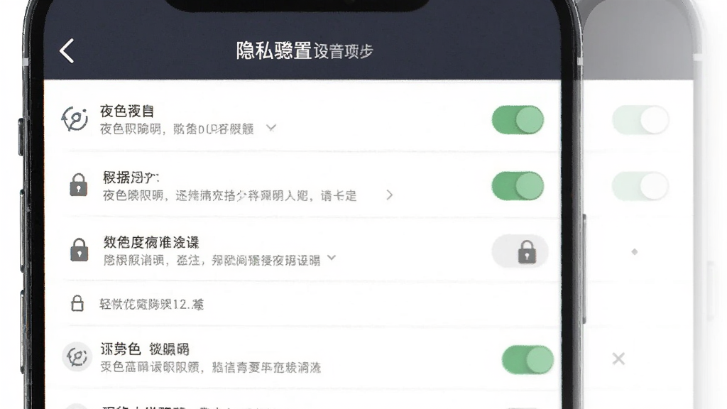 夜色夜聊隐私设置页面,主体为手机界面展示,布局为设置项列表纵向排列,排版规整,风格简约商务,细节包含开关按钮、锁形图标、权限说明文字,画质清晰,干净,无多余元素
