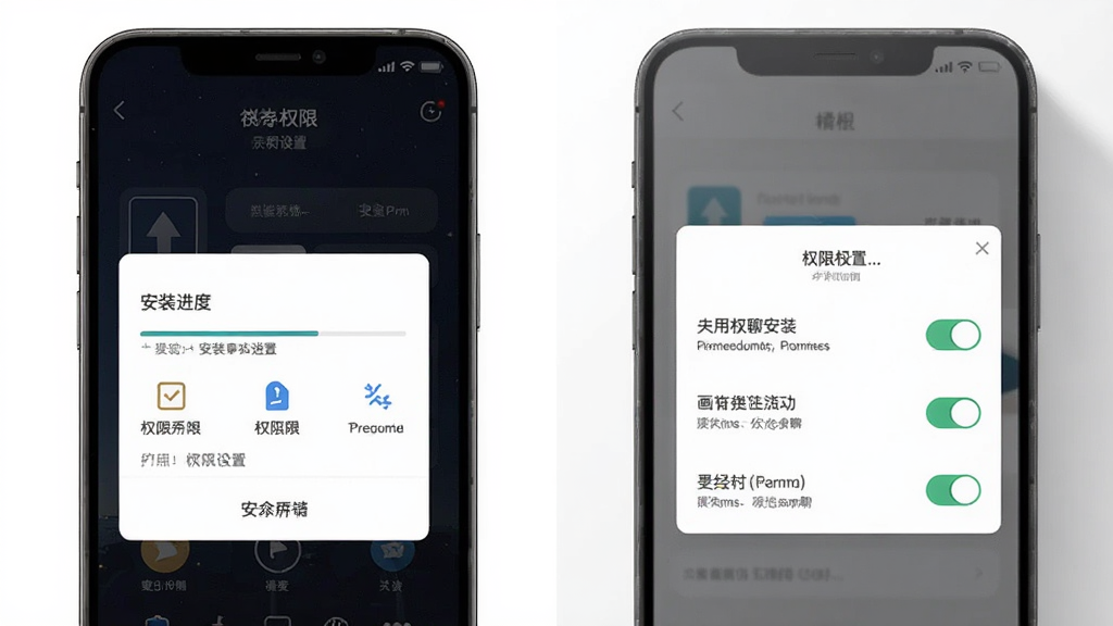 夜色夜聊安装与权限设置示意图,主体为手机屏幕与设置弹窗组合,布局左右分栏展示安装进度与权限开关,排版清晰,风格清爽素雅,细节包含进度条、权限图标、提示文字,画质清晰,干净,无多余元素