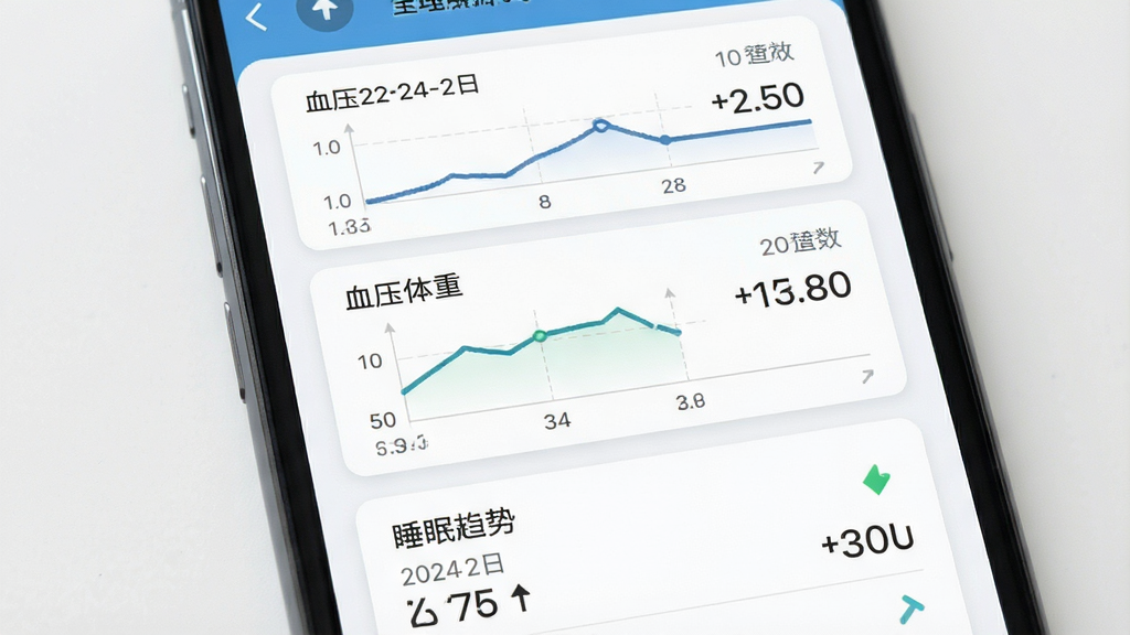 一张健康数据记录界面的手机应用截图风格图片,主体为手机屏幕展示血压、体重、睡眠三项指标的趋势折线图与数据列表,布局为卡片式纵向排列,风格简洁商务,细节包含日期标签、数值单位、趋势箭头,画质清晰干净,无多余元素