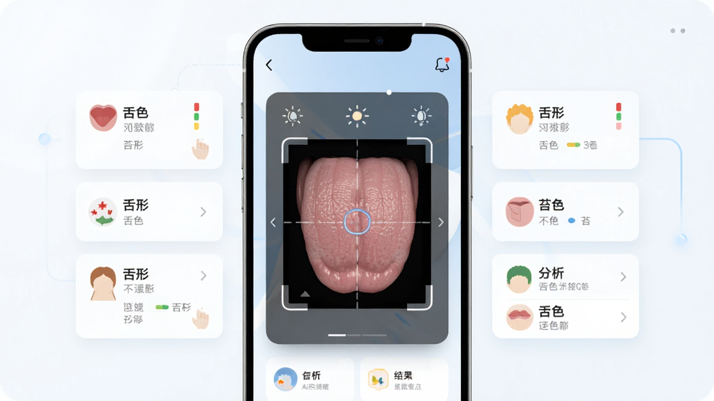 一张展示AI舌诊功能的应用界面,主体为手机屏幕中央的舌面图像采集框,周围环绕舌色、舌形、苔色等分析标签卡片,布局为上下结构,风格科技感与清新感结合,细节包含取景辅助线、光线提示图标、分析结果小卡片,画质清晰干净,无多余元素