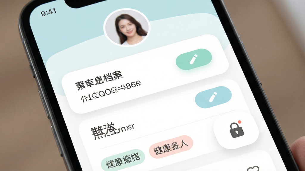 一张个人健康档案页面的手机应用界面,主体为手机屏幕展示个人信息卡片与健康标签模块,布局为顶部头像区加下方信息列表,风格柔和圆角,细节包含档案字段、编辑按钮、隐私锁图标,画质清晰干净,无多余元素