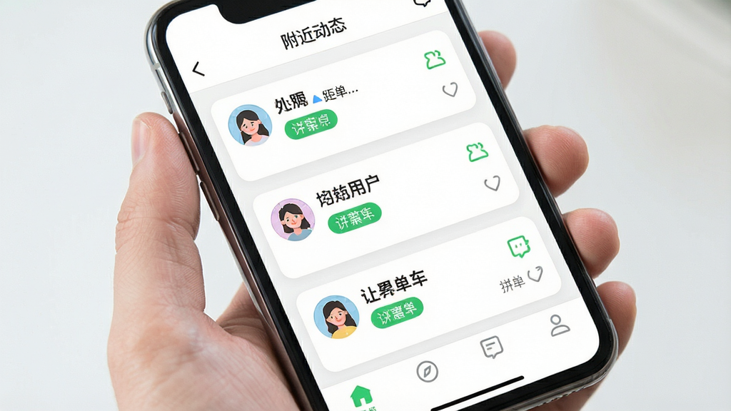 一张手机应用附近动态界面展示图,画面主体为手机屏幕,屏幕上排列附近用户动态卡片,卡片含头像、昵称、距离标签和拼单文字,布局为顶部导航栏、中部卡片流、底部标签栏,风格为明亮轻快的社交应用风格,细节包括圆角头像、绿色距离标签、简洁图标,画质清晰干净,无多余元素