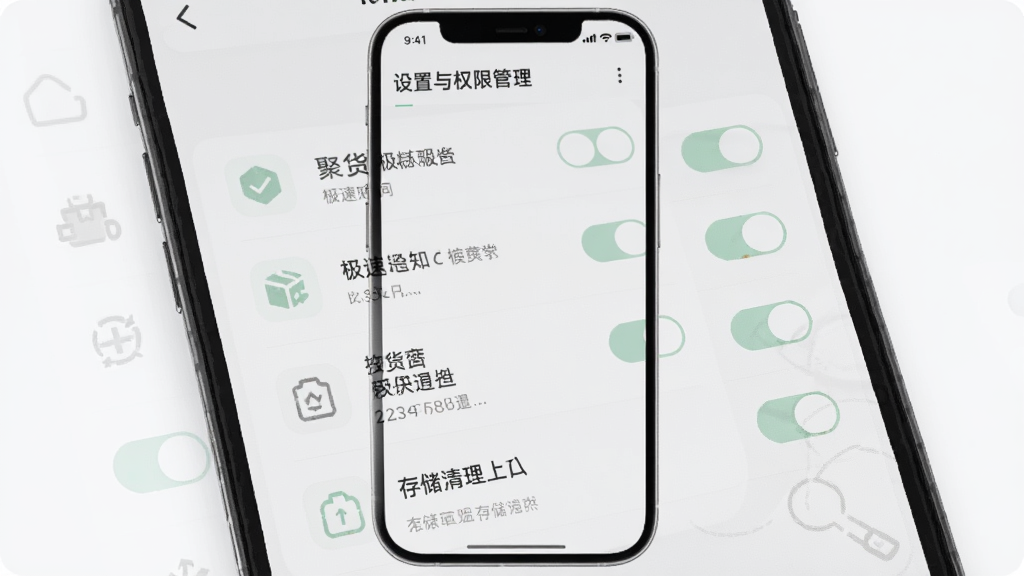 主体为一部手机展示聚货通极速版设置与权限管理页面,布局为列表式开关选项,排版纵向排列,风格为浅灰质感简约风,细节包含权限图标、开关按钮、存储清理入口,画质高清,画面干净,无多余元素
