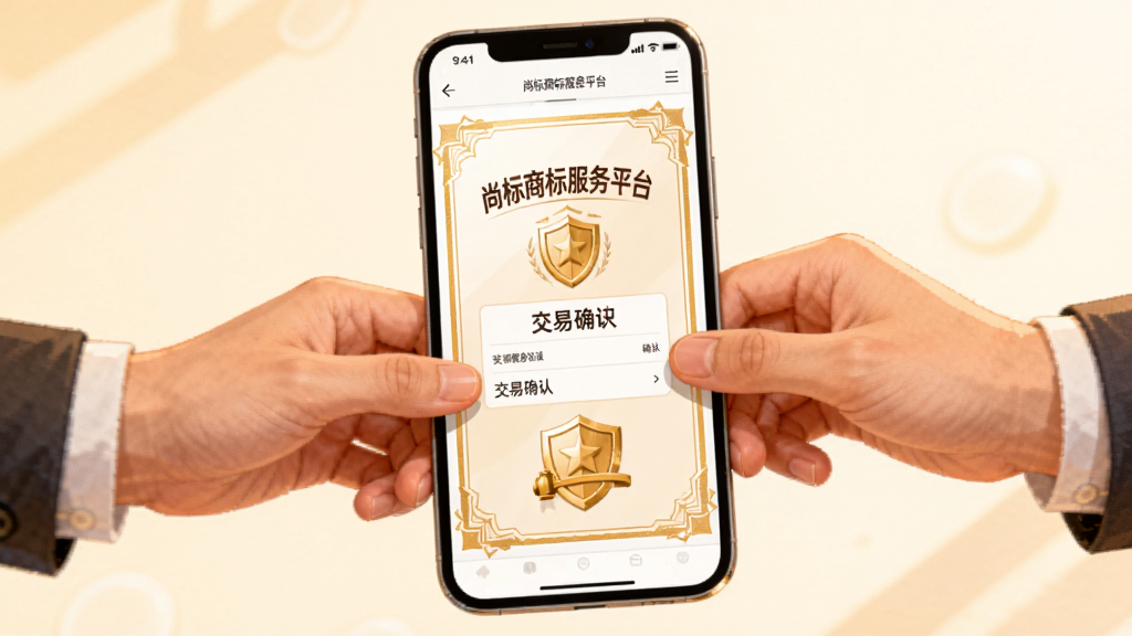 主体为两只手在手机屏幕前完成商标证书交接的动作,布局为证书居中、双手从两侧伸入,排版上屏幕内显示“尚标商标服务平台”交易确认页面,风格为温暖商务插画,细节包括金色证书边框、盾牌安全标识、浅色背景、柔和光影,画质高清干净无多余元素