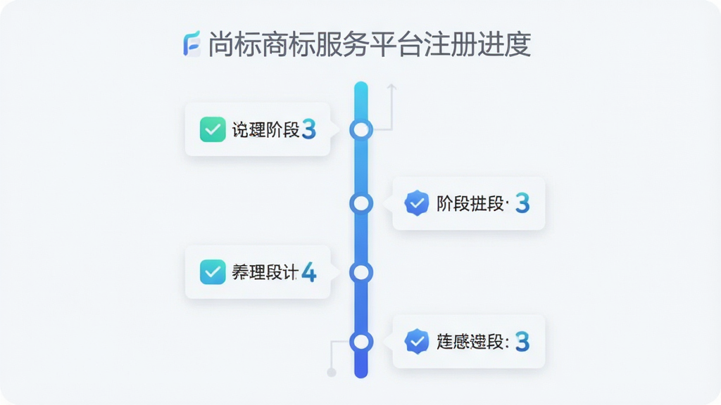 主体为一条纵向时间轴进度条,布局为时间轴居中、节点圆点均匀分布,排版上顶部标题“尚标商标服务平台”注册进度,风格为简约信息图风格,细节包括对勾图标、阶段文字标签、蓝色渐变进度线、浅色卡片背景,画质清晰干净无多余元素