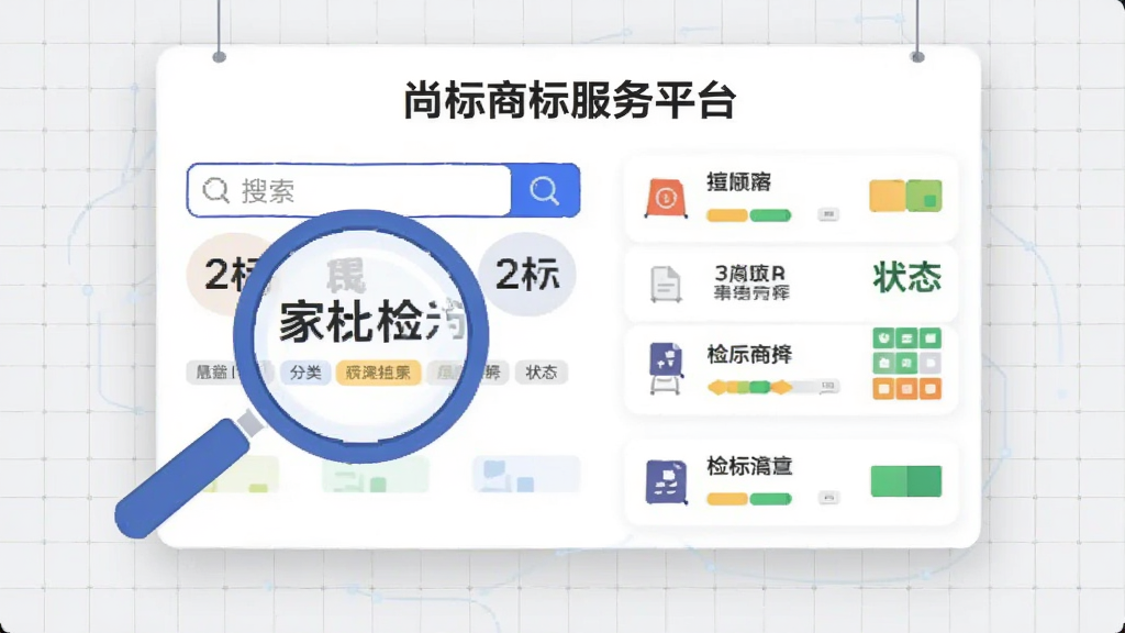 主体为一张悬浮的商标检索结果卡片,布局为左侧搜索框右侧结果列表,排版上标题“尚标商标服务平台”置于顶部居中,风格为科技感扁平插画,细节包括放大镜聚焦文字、分类标签、状态色块、浅灰背景网格,画质清晰干净无多余元素