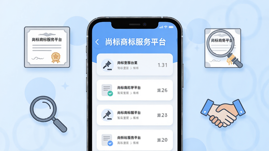 主体为一部竖屏智能手机居中摆放,屏幕内展示“尚标商标服务平台”商标查询结果列表界面,布局上手机两侧环绕商标证书图标、放大镜图标与交易握手图标,排版采用上下分层结构,风格为清爽商务扁平化插画,细节包括浅蓝色渐变背景、圆角卡片、细线条图标、柔和投影,画质高清干净无多余元素