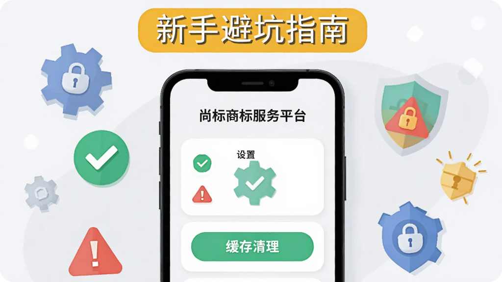 主体为一部手机屏幕显示“尚标商标服务平台”设置页面与缓存清理按钮,布局为手机居中、周围环绕齿轮图标与盾牌图标,排版上顶部标注“新手避坑指南”,风格为清新扁平插画,细节包括绿色对勾、红色警示三角、浅灰背景、圆角卡片,画质高清干净无多余元素