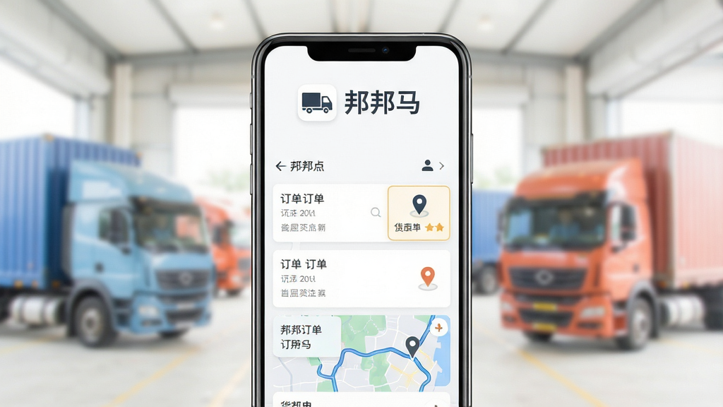 主体为一部竖屏智能手机,屏幕内展示货运接单类应用界面,包含订单列表与地图路线元素;布局为手机居中、背景为浅色货运场景虚化;排版简洁,上方留白放置应用图标与