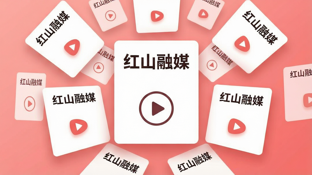主体为一组悬浮的新闻信息卡片与播放按钮图标,卡片上写有“红山融媒”字样,背景为浅红色渐变;布局为中心放射状排列,卡片大小错落有致;排版上标题文字居上,图标居下,层次清晰;风格为扁平化信息图表风格,简洁明快;细节上卡片边缘有柔和阴影,图标线条干净,背景无杂乱纹理;画质高清,画面干净,无多余元素