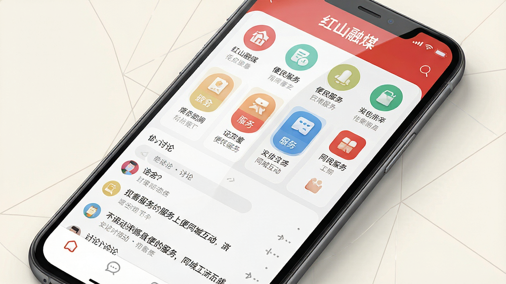 主体为手机屏幕展示“红山融媒”便民服务与同城互动页面,屏幕内有服务图标网格与讨论区列表;布局为手机斜置于浅色背景,屏幕内容占据画面主体;排版上图标整齐排列,讨论区文字清晰;风格为清新浅色系界面展示风;细节上图标配色统一,屏幕反光自然,背景有轻微几何线条点缀;画质高清,画面干净,无多余元素