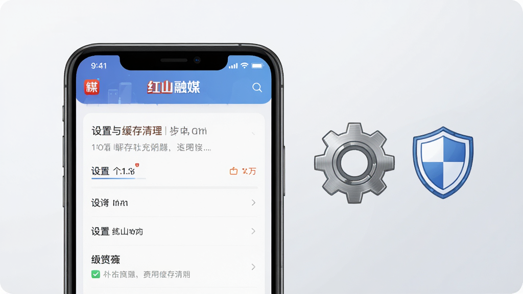 主体为手机屏幕展示“红山融媒”应用设置与缓存清理界面,屏幕旁有齿轮与盾牌图标;布局为手机与图标左右分布,背景为浅灰渐变;排版上手机屏幕内容居中,图标位于右侧;风格为科技感扁平插画风;细节上齿轮有金属质感,盾牌线条简洁,屏幕内文字清晰;画质高清,画面干净,无多余元素