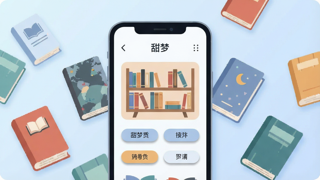 一张以“甜梦”应用为主题的场景插画,画面中央是一部手机,屏幕中展示着整齐排列的书架图标与分类标签,手机两侧漂浮着多本不同封面的书籍,背景为柔和的浅蓝色渐变,布局采用左右对称的构图,风格为现代扁平插画,细节包括书籍封面的简约图案、分类标签的圆角矩形与轻微阴影,画质干净清晰,无多余元素