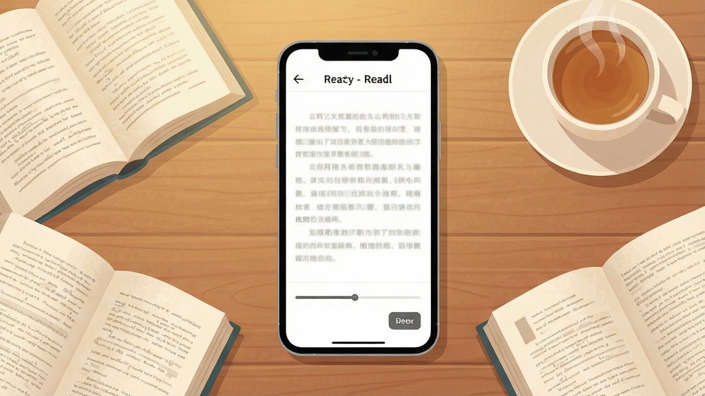 一张展示手机阅读应用界面的场景图,画面主体是一部竖屏智能手机,屏幕上显示着干净整洁的小说阅读页面,顶部有返回箭头与书籍标题,正文区域排版疏朗,底部有进度条与目录按钮,手机周围散落着几本翻开的纸质书与一杯热茶,整体布局居中对称,风格为清新简约的扁平化插画,细节包括柔和的暖色灯光、书页纹理与木质桌面质感,画质清晰干净,无多余元素