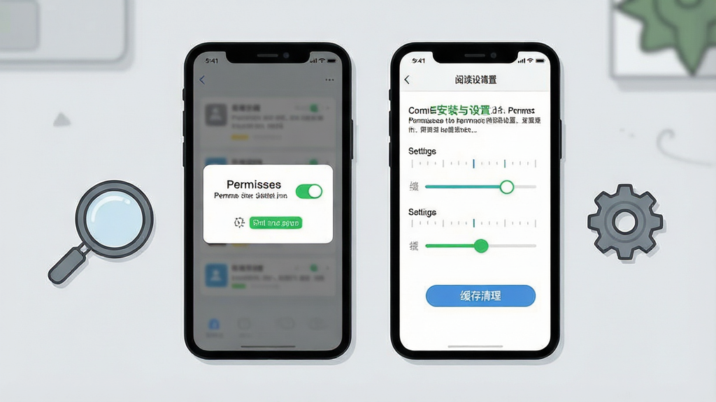 一张展示手机阅读应用安装与设置流程的示意图,画面主体为一部手机,屏幕上显示权限开启弹窗与阅读设置面板,手机旁边有一个放大镜图标与齿轮图标,背景为浅灰色工作台面,布局采用居中构图,风格为简洁的说明性插画,细节包括权限开关的绿色高亮、设置滑块的刻度线与缓存清理按钮,画质清晰干净,无多余元素