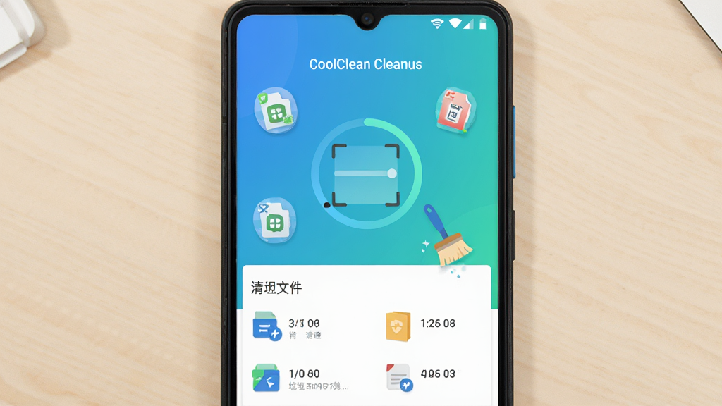 ����Ϊһ����׿�ֻ���Ļ��ʾCoolClean�������棬����Ϊ�ֻ����з�����ǳɫ���棬�Ű�Ϊ��������Բ��ɨ����������·������ļ������б������Ϊ��ˬ��ƽ���Ƽ��磬ϸ�ڰ�������ɫ���䱳����Ʈ���Ļ����ļ�ͼ��������ˢ��Ԫ�أ����ʸ��塢�ɾ����޶���Ԫ��