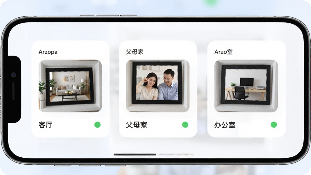 主体为一部手机屏幕显示Arzopa应用的多设备管理列表,列表中有三台相框卡片分别标注“客厅”“父母家”“办公室”,每张卡片带缩略图与在线状态圆点,布局为手机居中特写,背景为淡蓝色虚化,风格为现代UI展示图,细节包括卡片圆角、状态圆点、缩略图,画质锐利干净,图片中卡片文字“Arzopa”