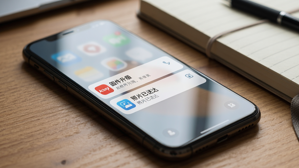 主体为手机屏幕弹出Arzopa应用通知卡片,卡片显示“固件升级”与“照片已送达”两条消息,背景为居家书桌场景,手机斜放在笔记本旁,布局为手机特写居中,风格为写实生活摄影,细节包括通知卡片图标、手机边框反光、桌面纹理,画质清晰干净,图片中通知文字“Arzopa”