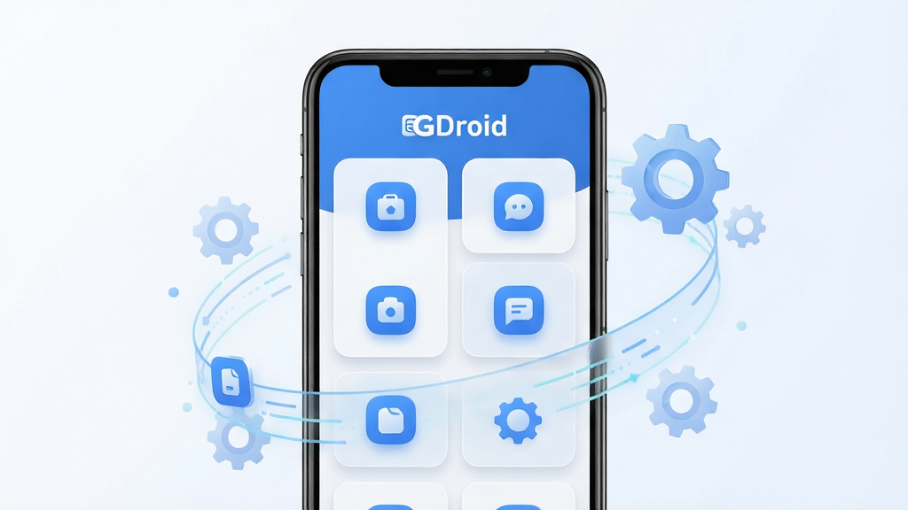 一款名为GDroid的安卓手机应用界面展示,主体为手机屏幕居中放置,屏幕内呈现简洁的卡片式功能布局与蓝色主色调图标,周围环绕轻量化的数据流线条与齿轮元素,布局为上下分层结构上方为软件名称下方为功能模块示意,排版采用居中对称式构图,风格为现代科技扁平化设计,细节包括圆角图标、柔和阴影、半透明玻璃质感面板,画质清晰干净无多余元素