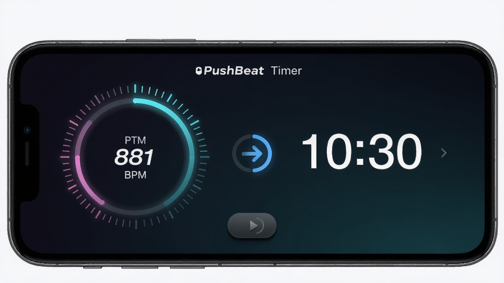 一部手机屏幕显示PushBeat Timer的双模界面,左侧是节拍圆环带有BPM数字,右侧是倒计时数字,中间有联动箭头图标,背景为深色渐变,风格为现代简约科技风,细节包括发光的刻度环和按钮阴影,画质高清,干净,无多余元素