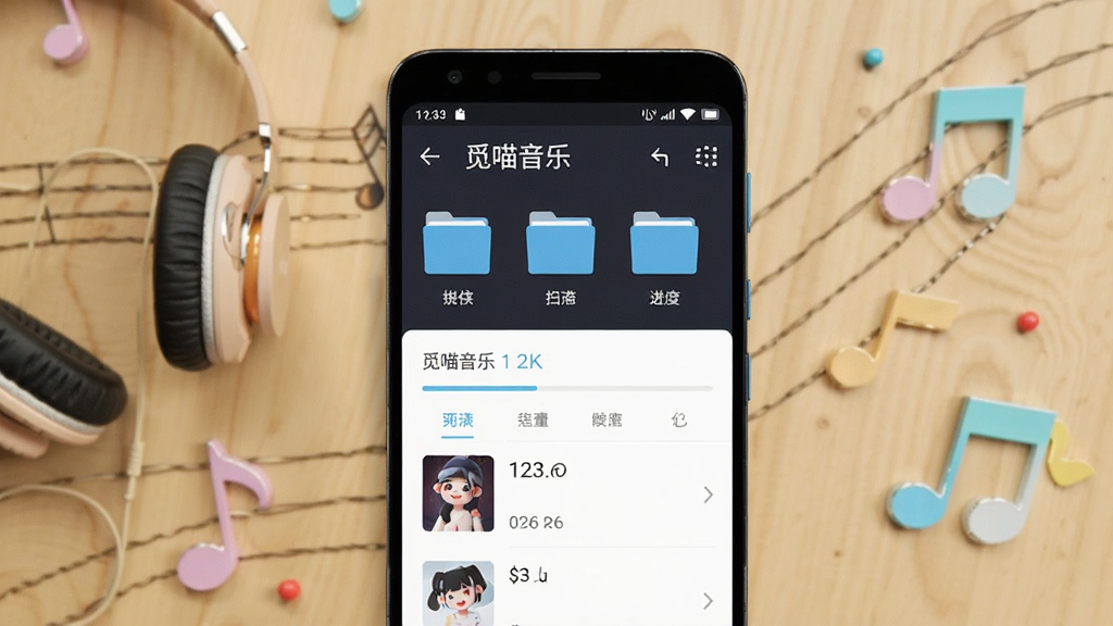 一部安卓手机屏幕显示“觅喵音乐”本地音乐扫描进度界面,画面中有文件夹图标和歌曲数量统计,手机平放在木质桌面上,周围有耳机和音符装饰元素,布局为手机居中、装饰左右分布,风格清新扁平,细节上突出进度条和分类标签,画质清晰,干净无杂乱