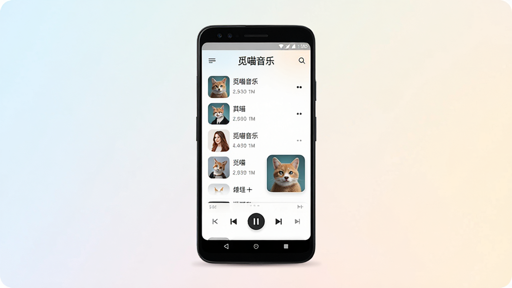 一张手机应用界面展示图,画面中央是一部竖屏安卓手机,屏幕上显示“觅喵音乐”播放器主界面,包含歌曲列表、播放控制按钮和专辑封面区域,背景为浅色渐变,布局居中对称,风格简洁现代,细节上突出图标圆润和留白充足,画质清晰干净,无多余元素