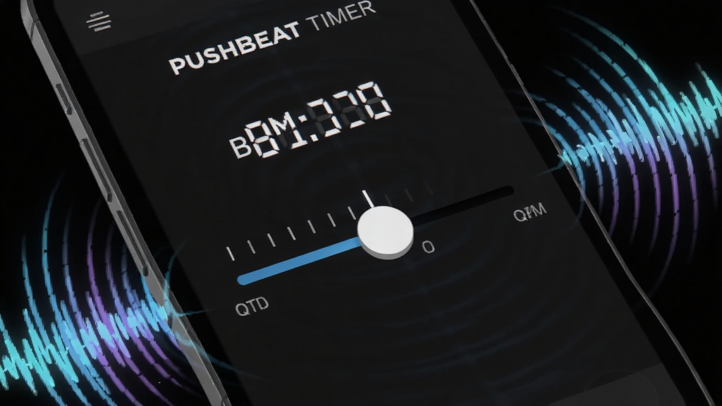 手机屏幕特写显示PushBeat Timer的节拍调节滑块和BPM数值,周围有音波图形向外扩散,布局为纵向排列,风格为动感科技风,细节包括滑块上的刻度标记和音波线条的渐变效果,画质锐利,干净,无多余元素