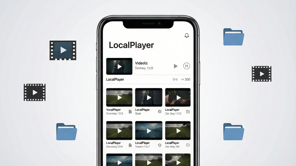 画面主体是一部智能手机正面竖屏展示,屏幕中央显示 LocalPlayer 软件主界面,上方标题文字为“LocalPlayer”,下方为本地视频文件列表与缩略图网格;布局采用居中对称构图,手机置于浅灰渐变背景中央,周围有少量悬浮的视频胶片图标与文件夹图标;排版干净留白充足,风格为现代科技感扁平化UI展示;细节包括清晰的列表分隔线、播放按钮、文件大小标注;画质高清,干净,无多余元素