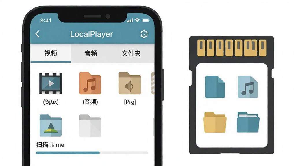 画面主体为一部手机与一个外置存储卡并排展示,手机屏幕显示 LocalPlayer 的文件分类界面,分为“视频”“音频”“文件夹”三个标签;布局为左右结构,左侧手机、右侧存储卡与文件图标;风格为清爽扁平插画;细节包括文件缩略图、格式标识、扫描进度条;画质高清,干净,无多余元素