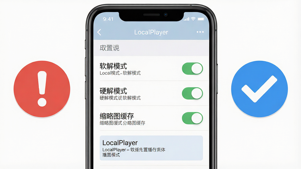 画面主体为一部手机屏幕显示 LocalPlayer 播放设置界面,界面上有“软解模式”“硬解模式”“缩略图缓存”等开关选项,旁边配有一个醒目的红色感叹号图标与蓝色对勾图标;布局为手机居中、图标悬浮两侧;风格为扁平化信息图;细节包括设置列表、开关状态、提示文字框;画质高清,干净,无多余元素