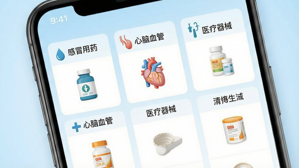 一张药品分类展示界面图,画面主体为手机屏幕内的药品分类网格,包含“感冒用药”“心脑血管”“医疗器械”等分类标签,每个分类配有简洁图标,背景为浅蓝色渐变,风格清爽,细节上体现分类标签与药品小图,画质清晰,干净,无多余元素